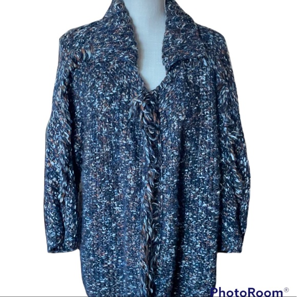 Chico’s Chunky Knit Fringe Open Front Cardigan Multi Cream Brown Gray Sweater M - Picture 1 of 8